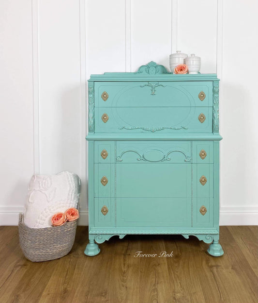 Tall Five Drawer Dresser in "Bliss" with Gold Hardware