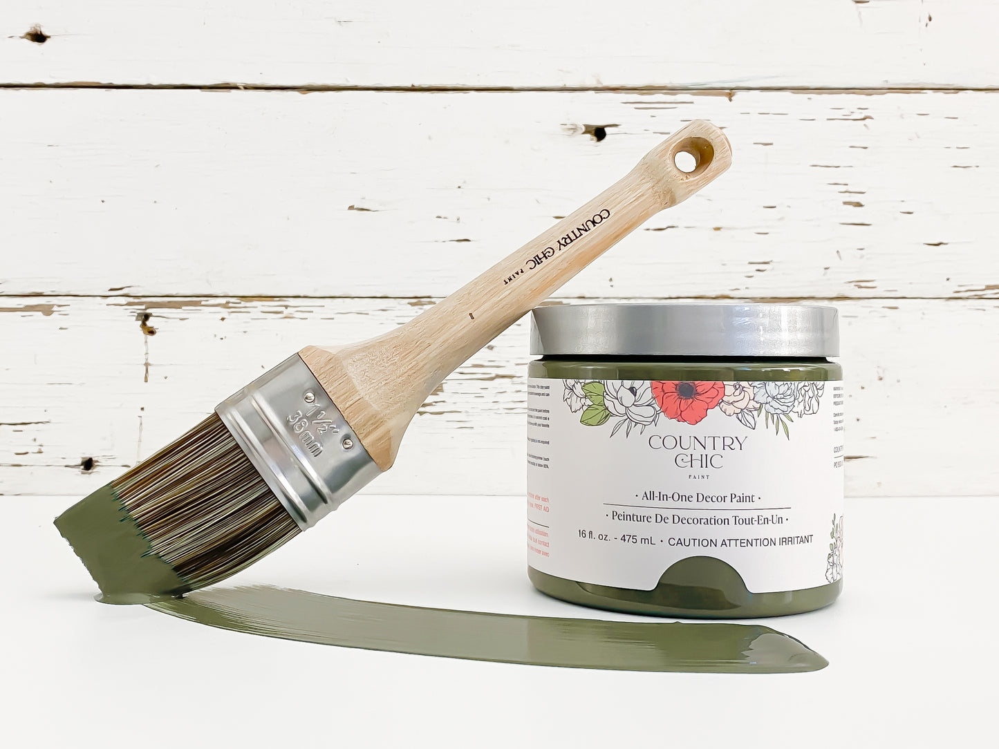 16oz jar of Country Chic Chalk Style All-In-One Paint in the color Neverland. Olive Green.