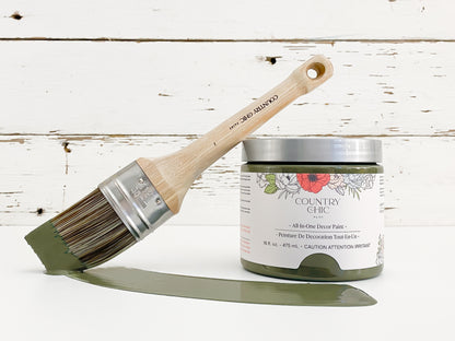16oz jar of Country Chic Chalk Style All-In-One Paint in the color Neverland. Olive Green.