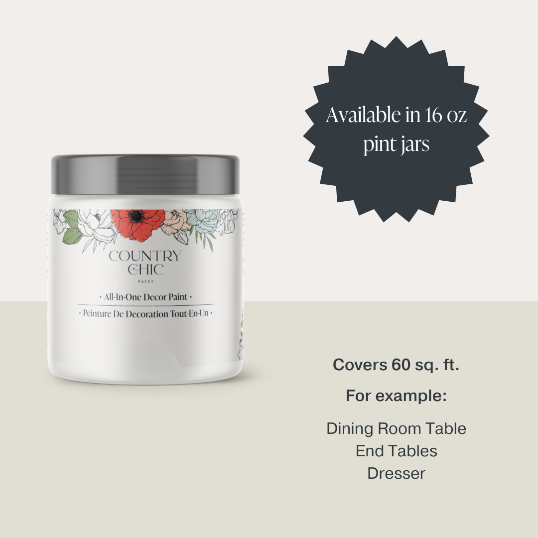 16oz jar of Country Chic Chalk Style All-In-One Paint in the color Ethereal Mist size availability and coverage