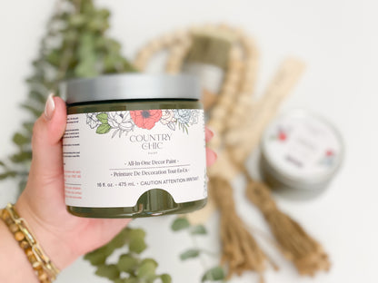 16oz jar of Country Chic Chalk Style All-In-One Paint in the color Neverland. Olive Green.