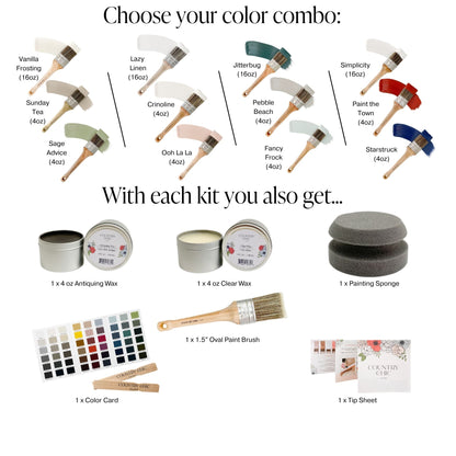 Large Furniture Painting Kit for Beginners - Country Chic Paint Eco-Friendly DIY Chalk Style Furniture Paint Bundle