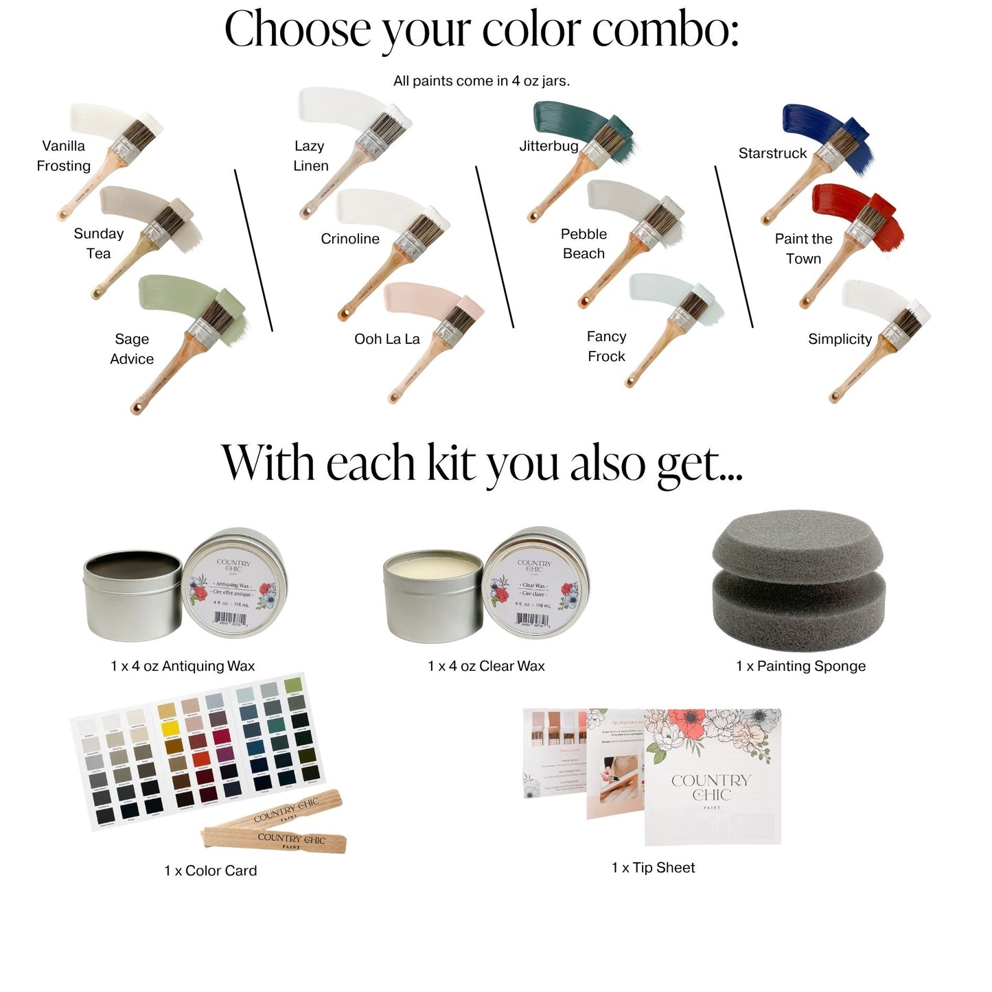 Medium Furniture Painting Kit for Beginners - Country Chic Paint Eco-Friendly DIY Chalk Style Furniture Paint Bundle