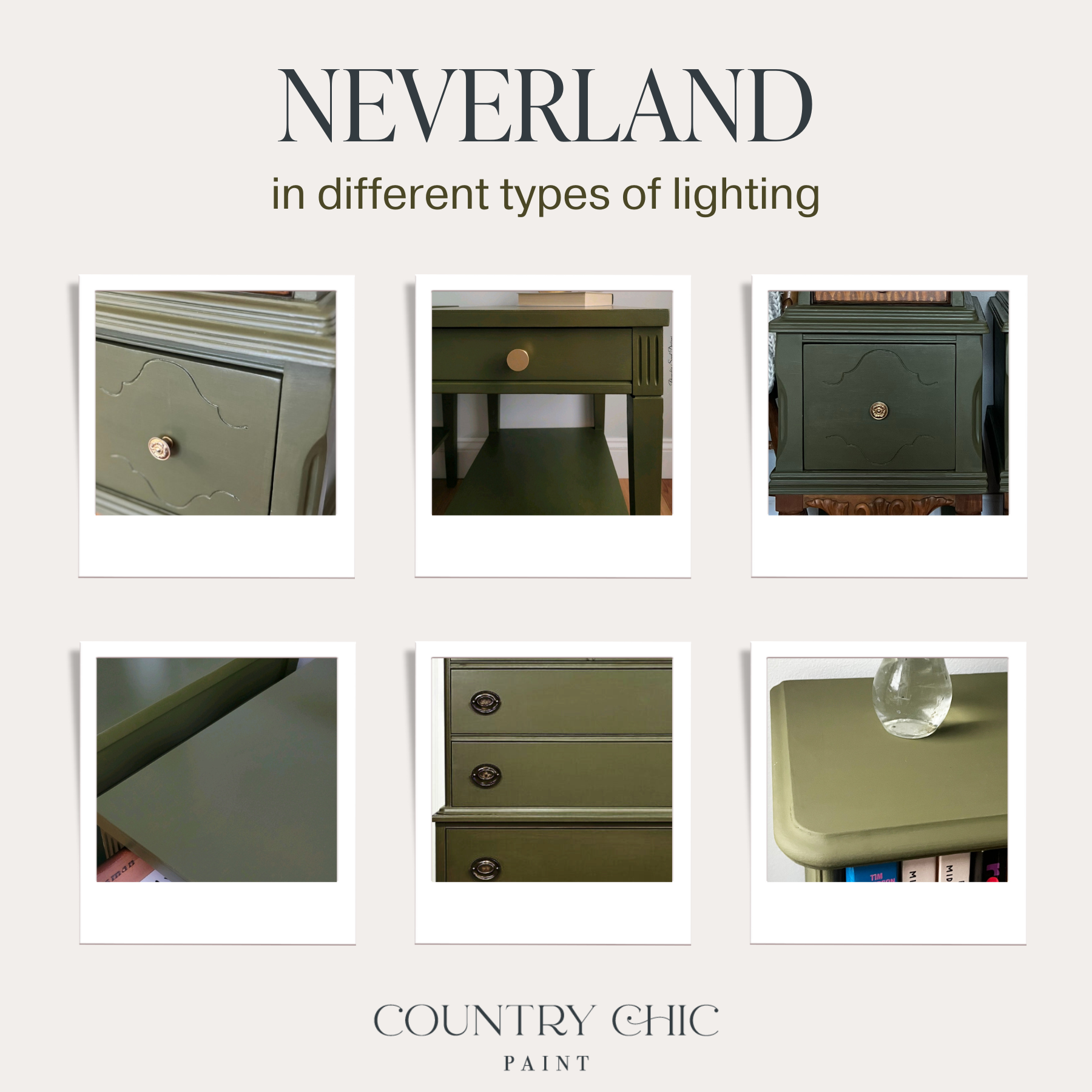 Olive green chalk furniture paint Neverland by Country Chic Paint furniture examples in different lighting