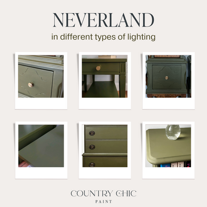 Olive green chalk furniture paint Neverland by Country Chic Paint furniture examples in different lighting