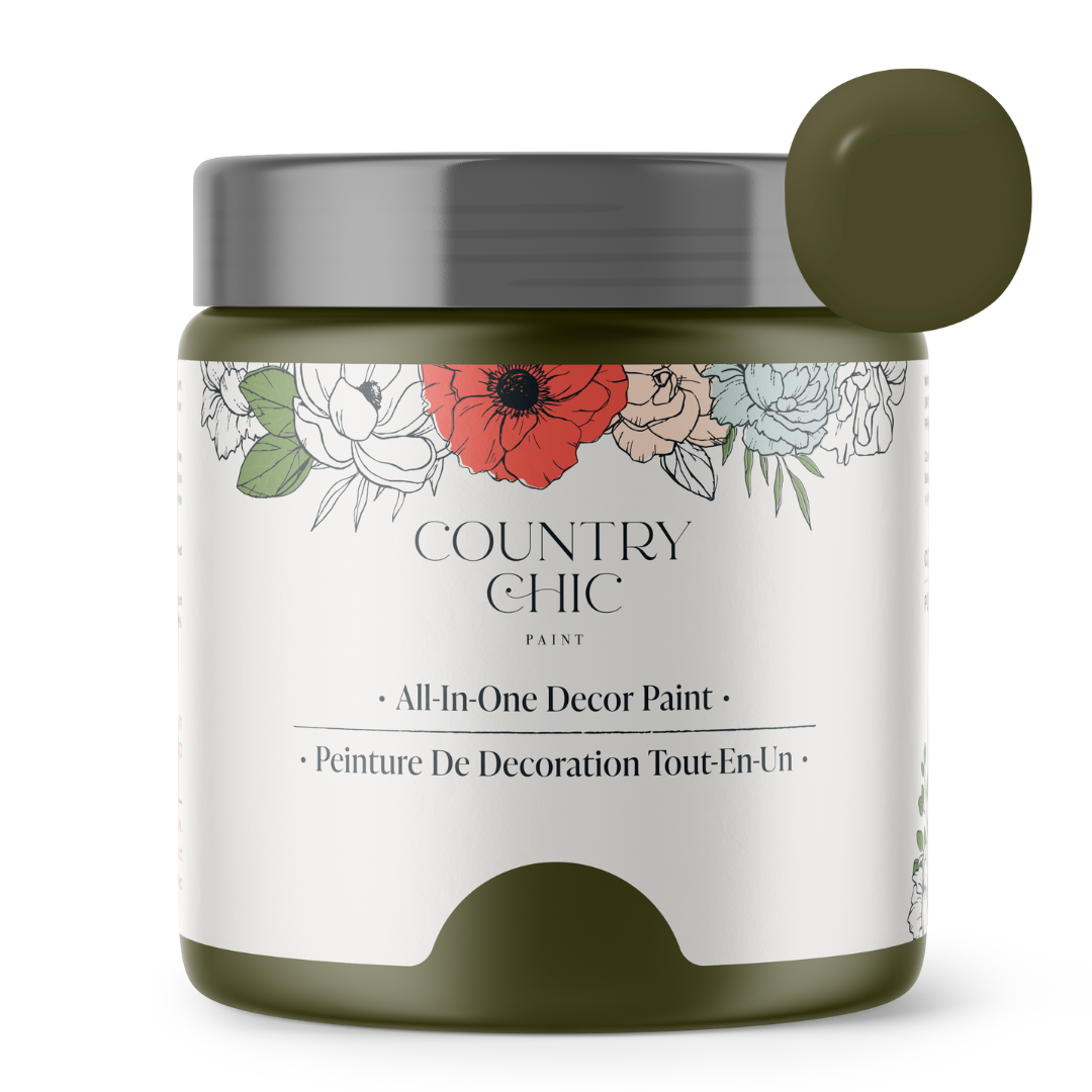 16oz jar of Country Chic Chalk Style All-In-One Paint in the color Neverland. Olive Green.