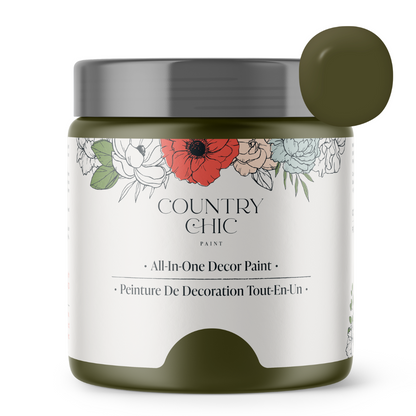 16oz jar of Country Chic Chalk Style All-In-One Paint in the color Neverland. Olive Green.