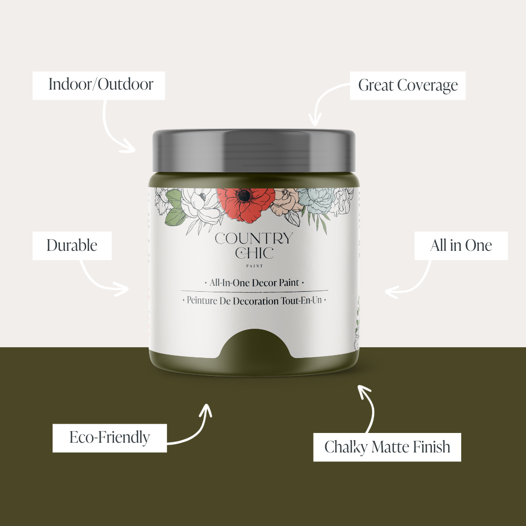 16oz jar of Country Chic Chalk Style All-In-One Paint in the color Neverland showcasing the features