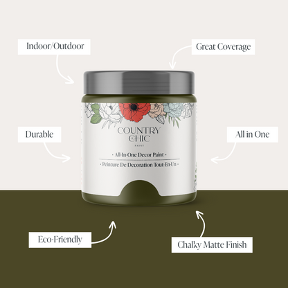 16oz jar of Country Chic Chalk Style All-In-One Paint in the color Neverland showcasing the features