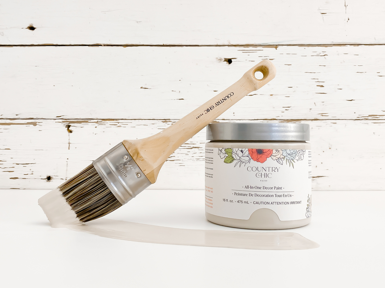 16oz jar of Country Chic Chalk Style All-In-One Paint in the color LSunday Tea. Warm grey-beige.
