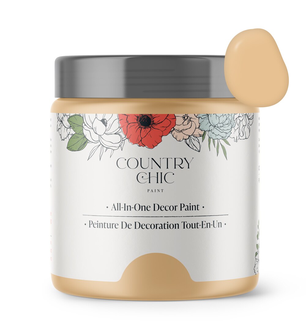 16oz jar of Country Chic Chalk Style All-In-One Paint in the color Bee's Knees. Muted pastel yellow.