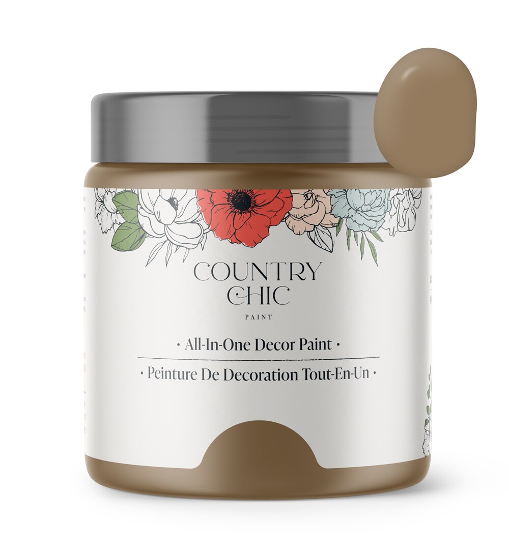 16oz jar of Country Chic Chalk Style All-In-One Paint in the color Driftwood. Muted brown.