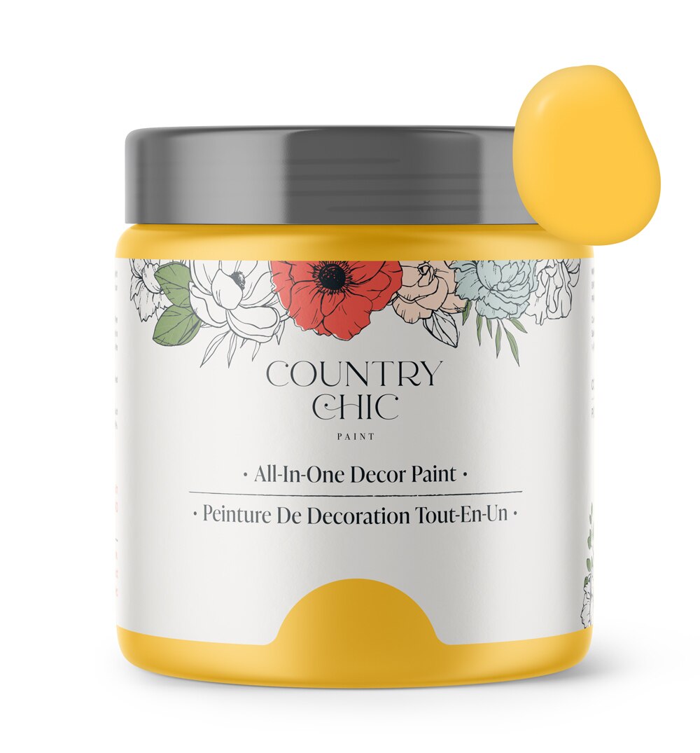 16oz jar of Country Chic Chalk Style All-In-One Paint in the color Luminous. Sunshine yellow.
