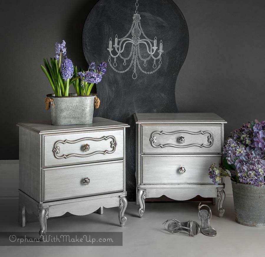 End tables painted with Country Chic Paint's Metallic Cream in the color Silver Bullet