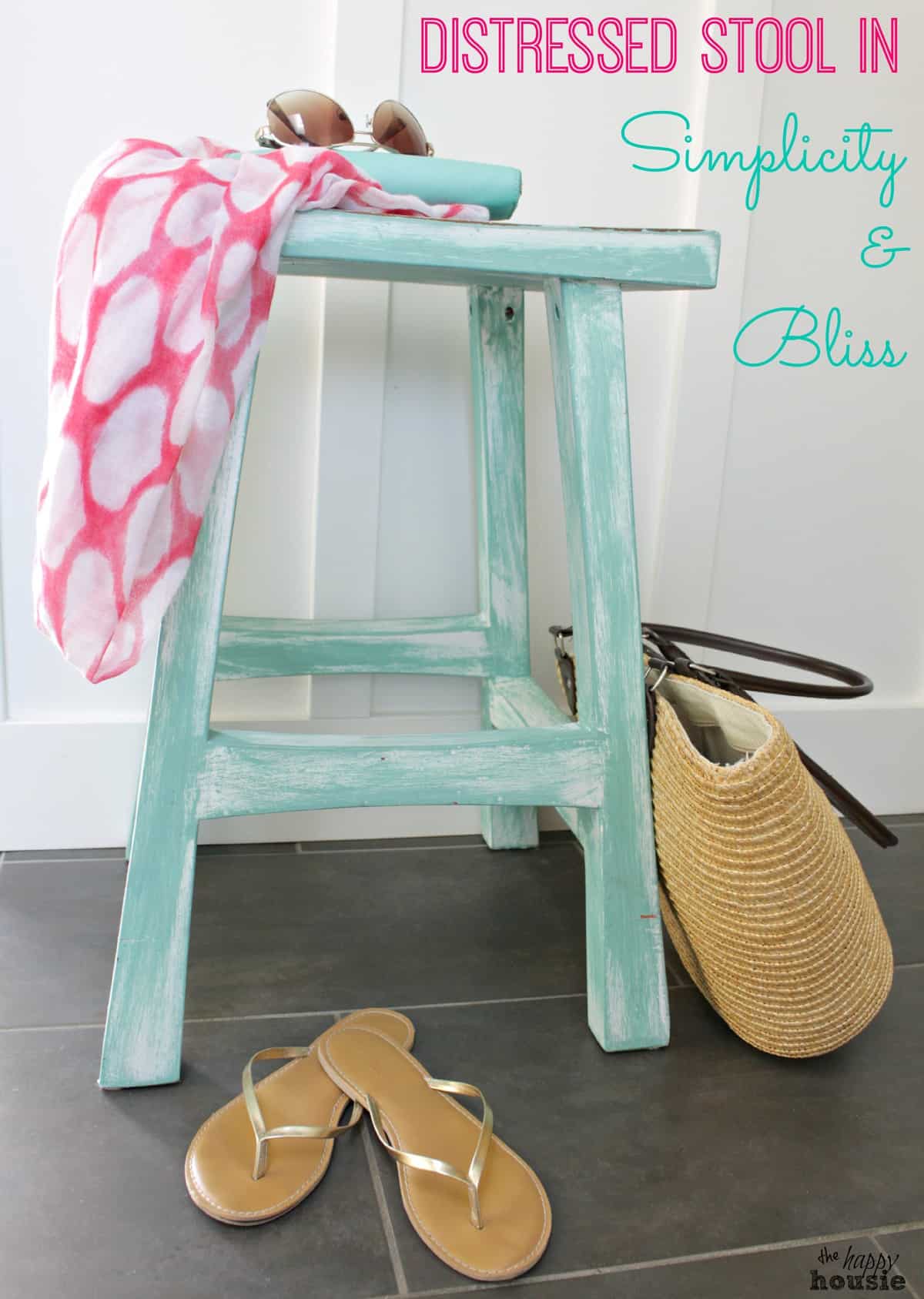 Beautiful turquoise distressed stool #DIY #paintedfurniture #layeredcolors - www.countrychicpaint.com/blog