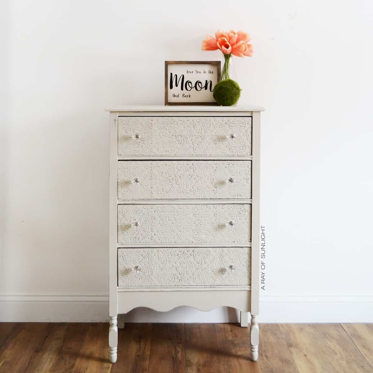 Embossed Damask Stenciled Dresser - painted dresser in light grey with diy furniture paint from Country Chic Paint