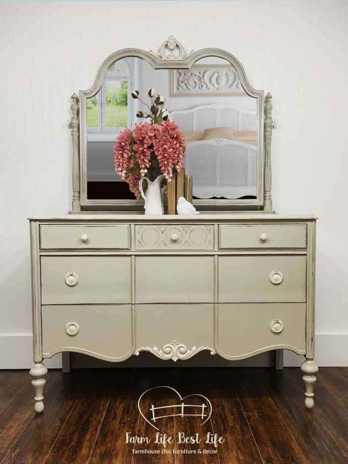 Refurbished antique bedroom set painted greige with eco-friendly clay paint from Country Chic Paint