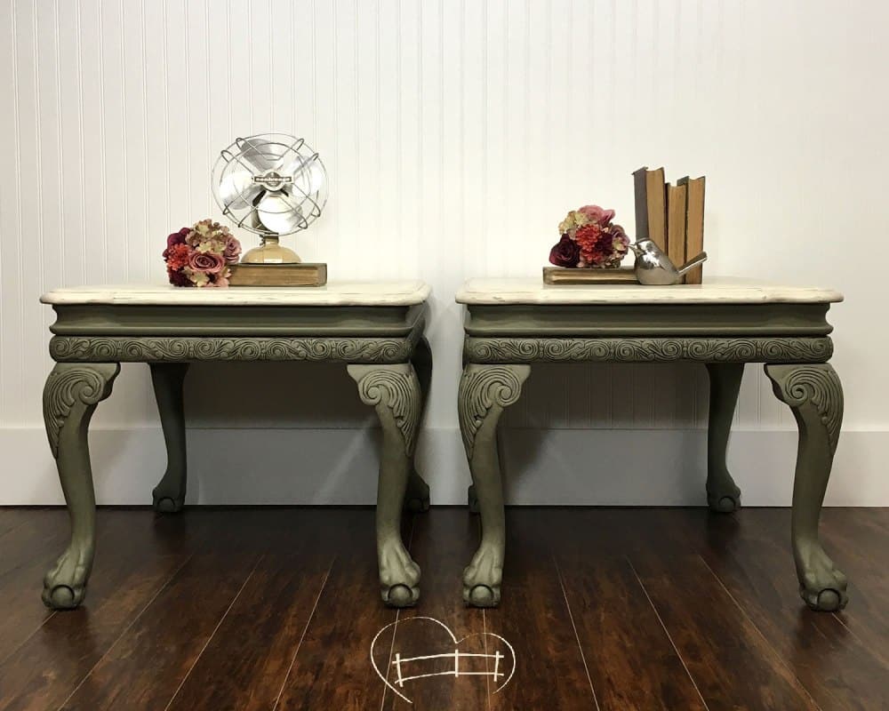 Sage green end tables - antique style furniture - diy furniture painting project with Country Chic Paint antiquing wax