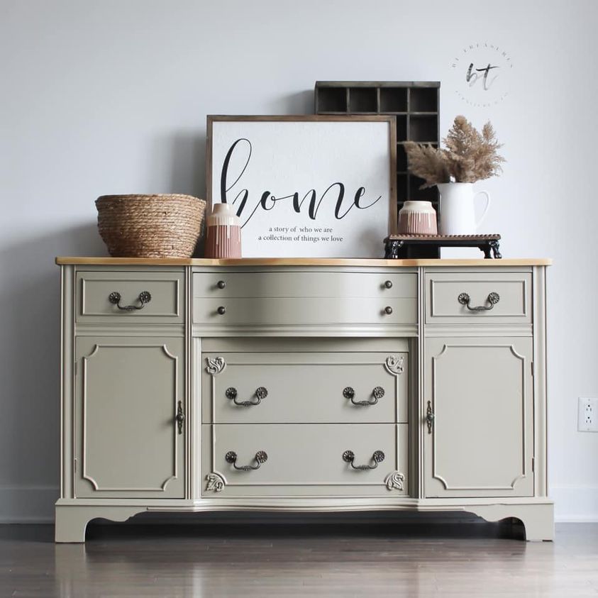 Curved Drawer Buffet/Dresser in Driftwood with Natural Wood Top