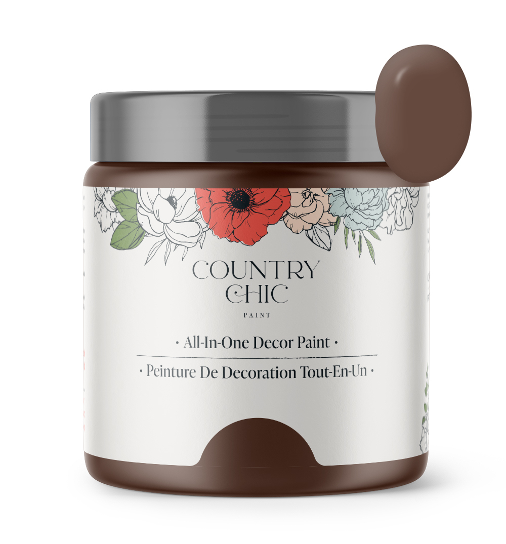 16oz jar of Country Chic Chalk Style All-In-One Paint in the color Leather Bound. Chocolate brown.