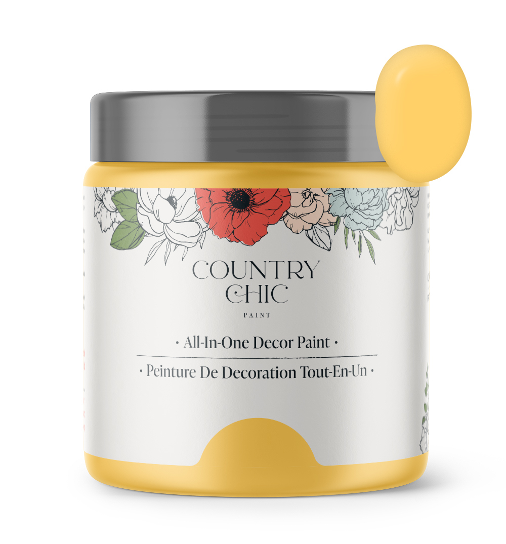 16oz jar of Country Chic Chalk Style All-In-One Paint in the color Yellow Wellies. Sunflower Yellow.