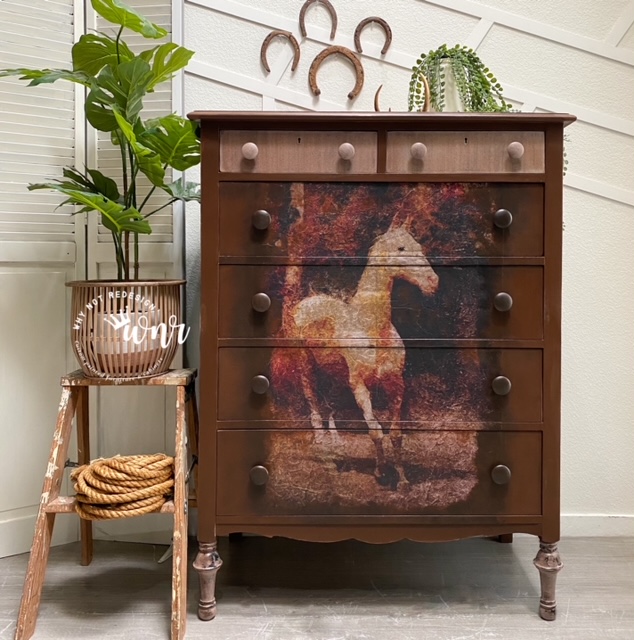 Tall boy farmhouse dresser painted in dark brown with horse transfer on drawers, ladder, rope, potted plant, horseshoes on the wall