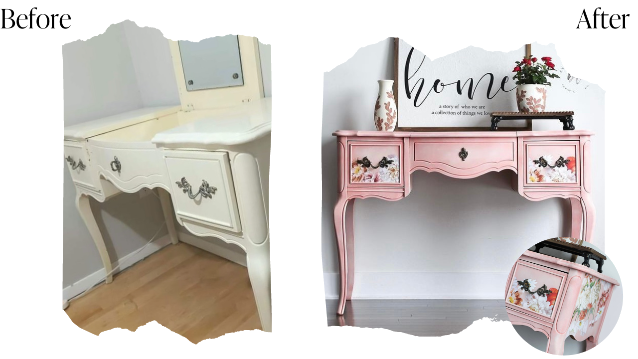 Before & After furniture makeover - get the look with Country Chic Paint - pink painted floral vanity desk
