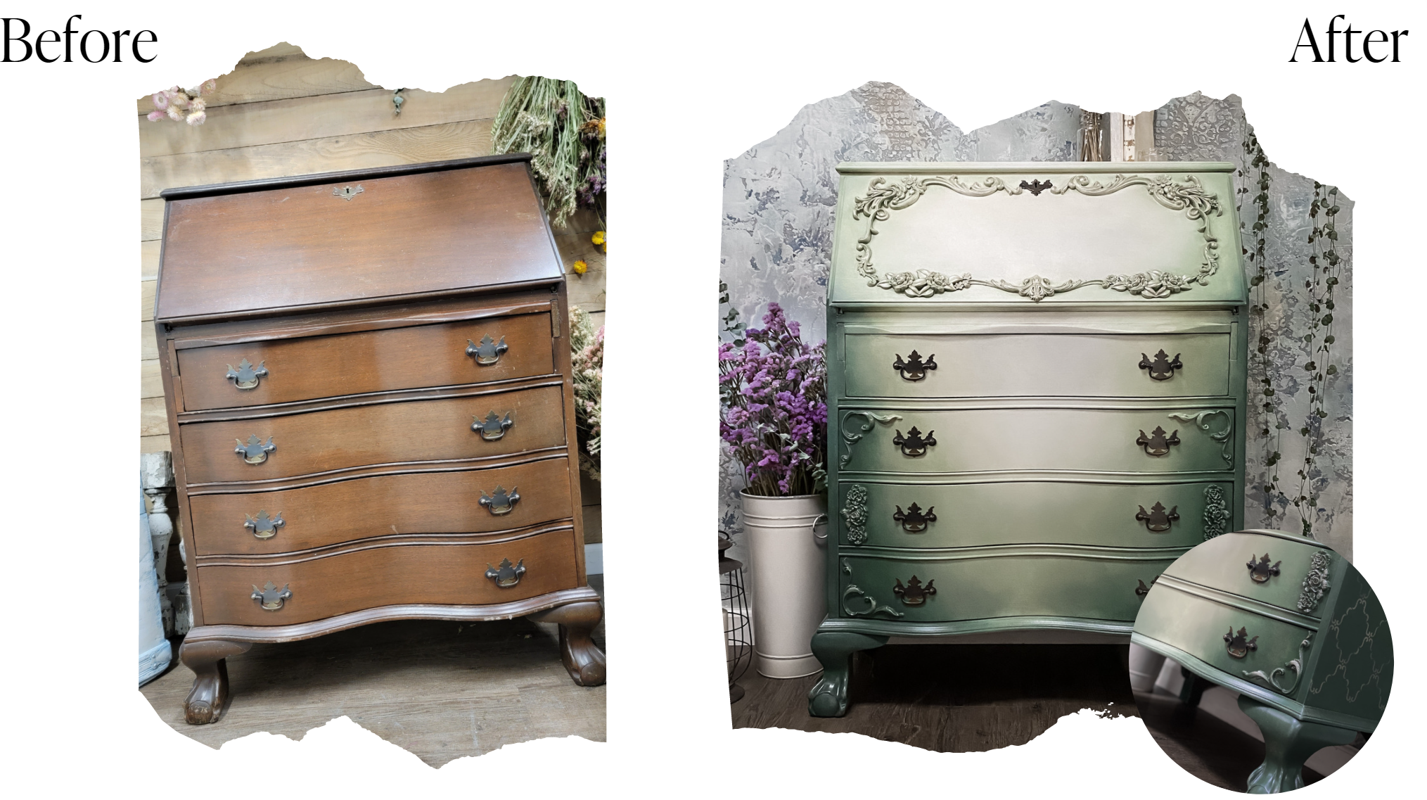 before and after furniture makeover blog banner - get the look with Country Chic Paint Green ombre blended ornate antique secretary desk by Weathered Hearts Designs