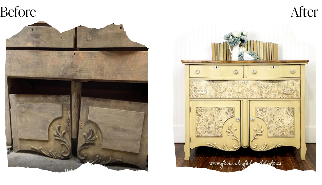 Before and after pastel yellow painted antique cabinet with furniture transfers