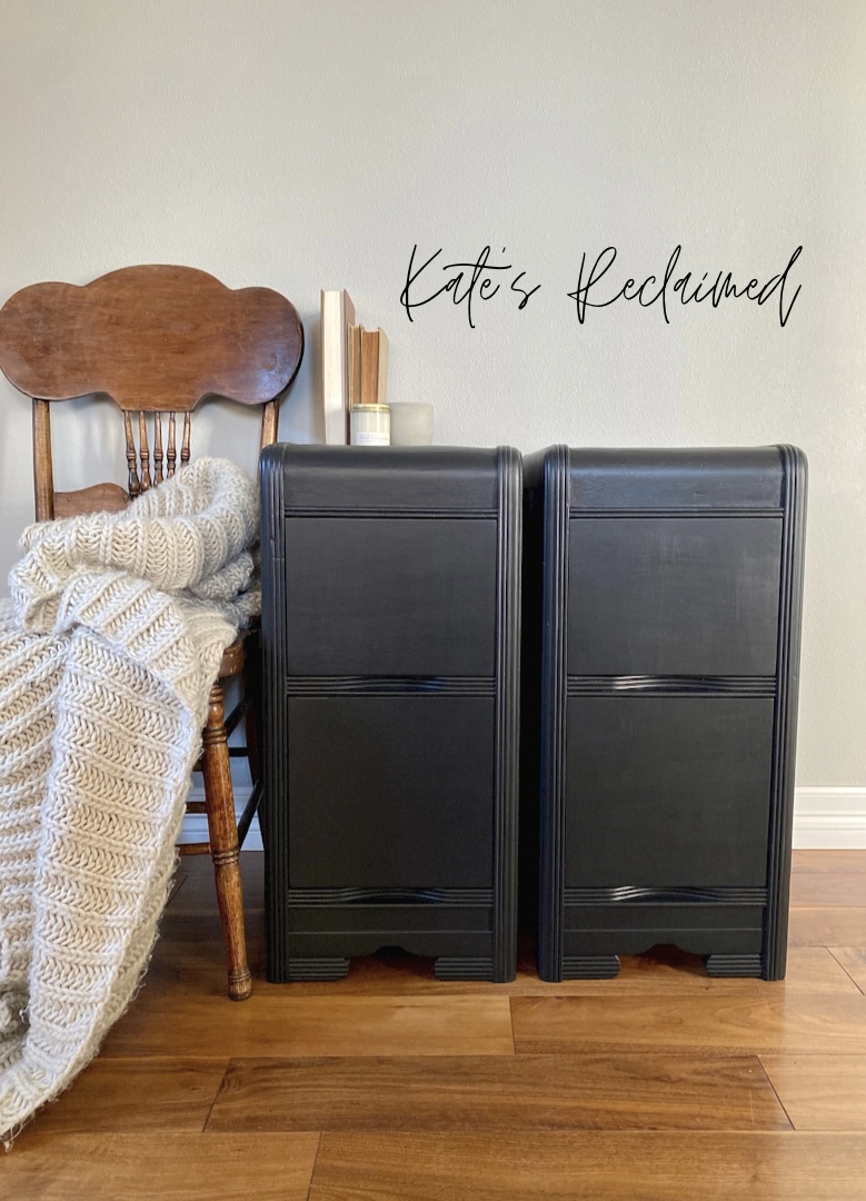 Black painted waterfall nighstands upcycled from a vanity desk