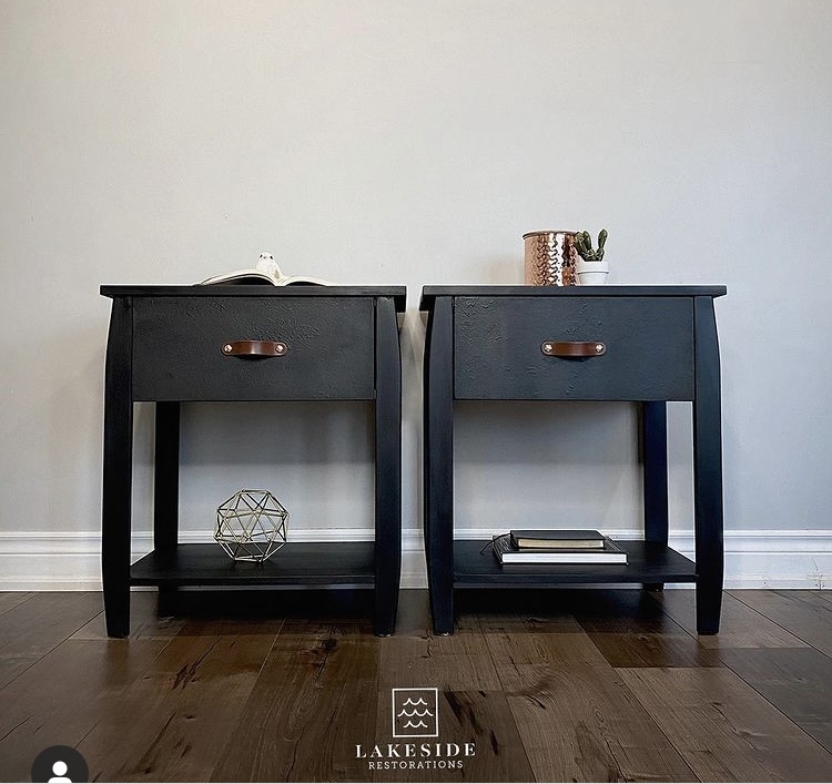 Matching black end tables with leather pulls