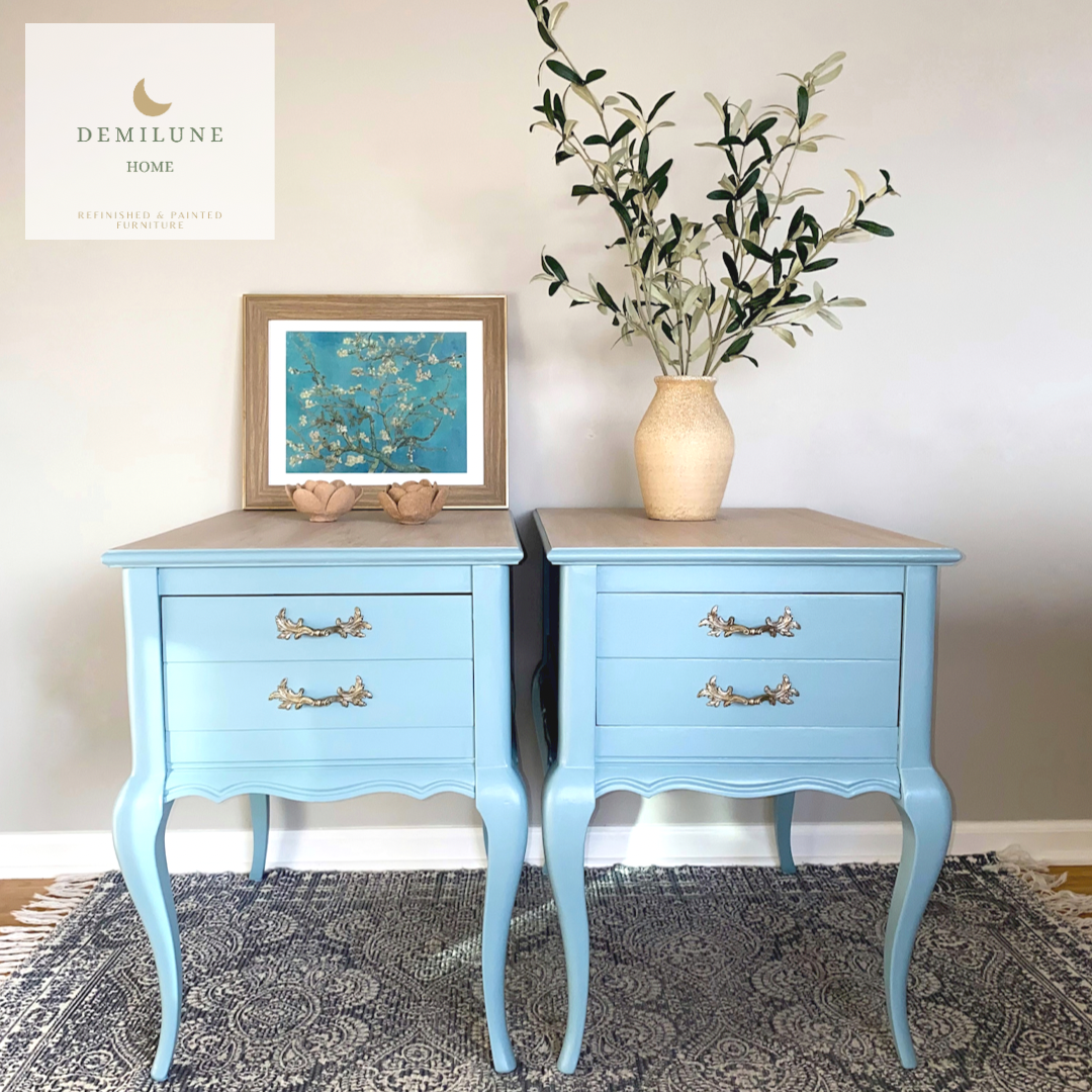 Light pastel blue matching end tables queen anne style painted with country chic paint