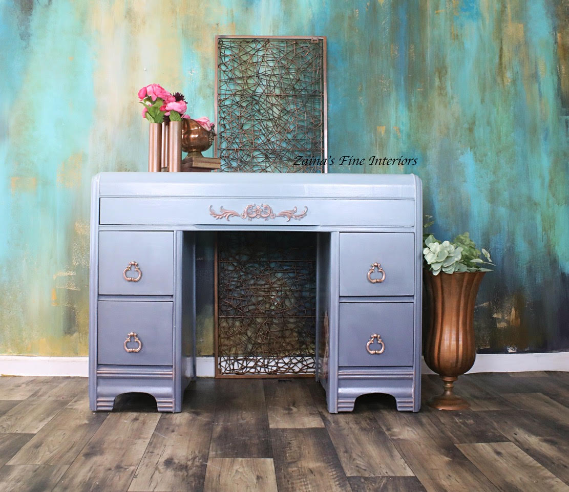 waterfall dresser painted with an ombre blend of grey and blue