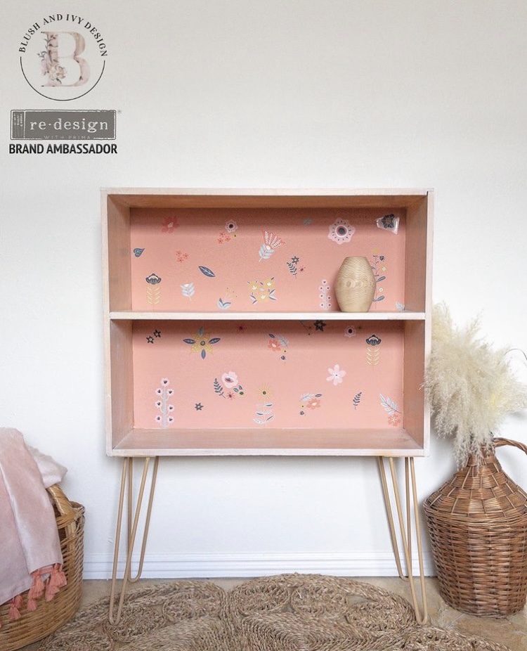 Pink floral painted shelf with hairpin legs