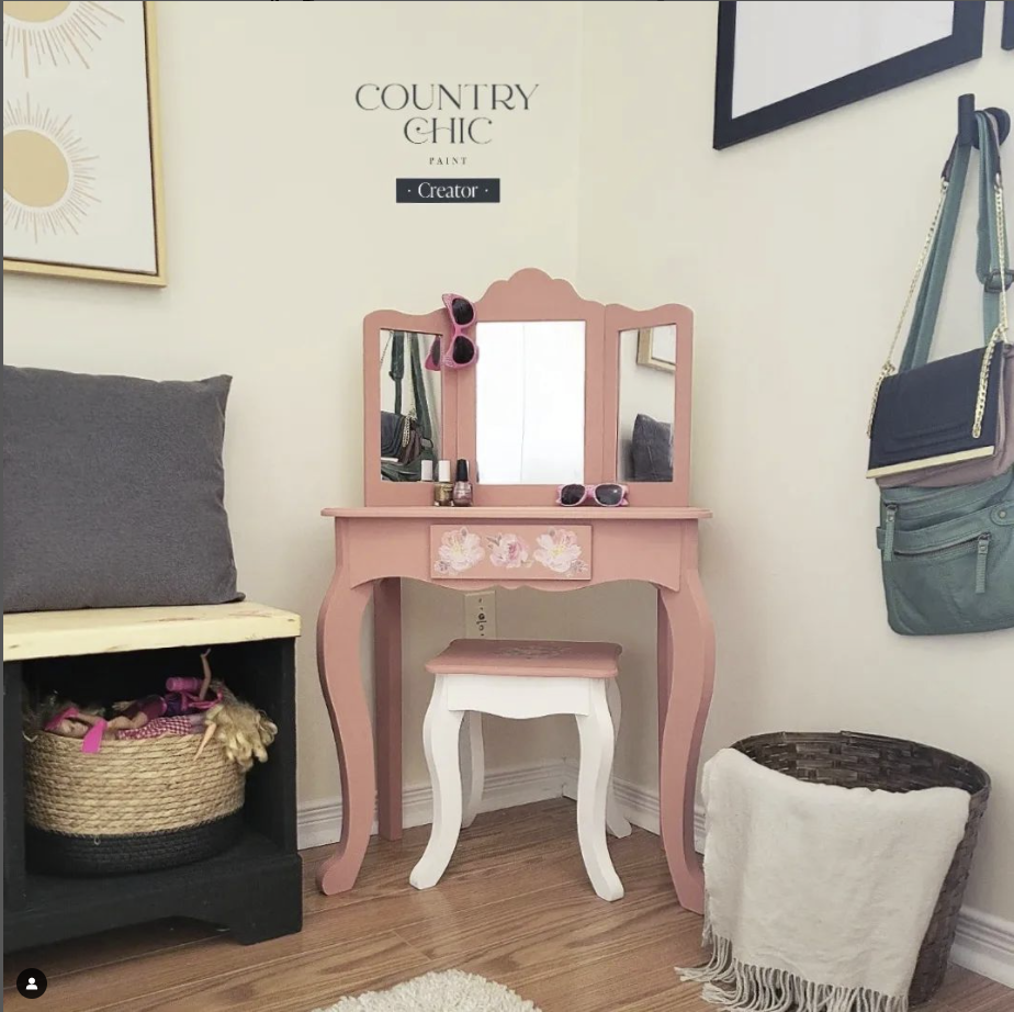 Peach Pink painted vanity with mirror and floral details
