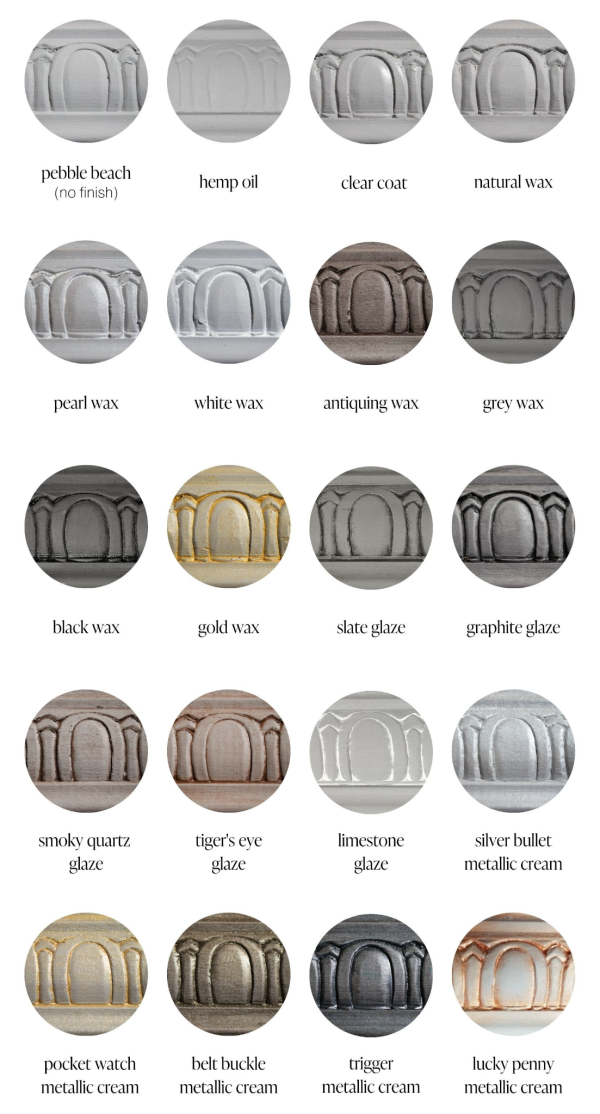 Pebble Beach grey furniture paint sample swatches of various furniture sealants and specialty products