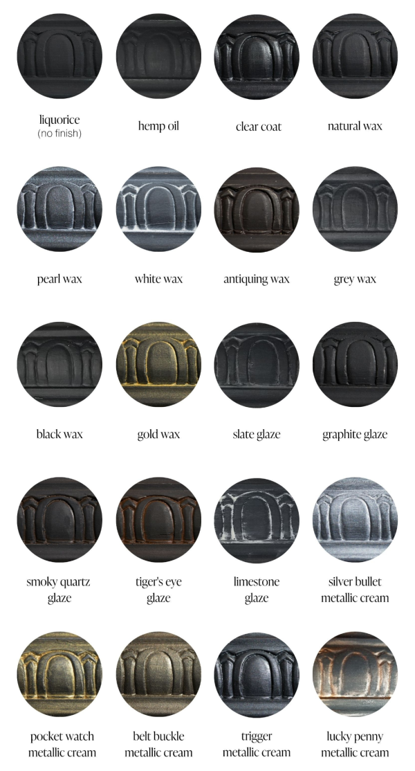 Liquorice black furniture paint sample swatches of various furniture sealants and specialty products