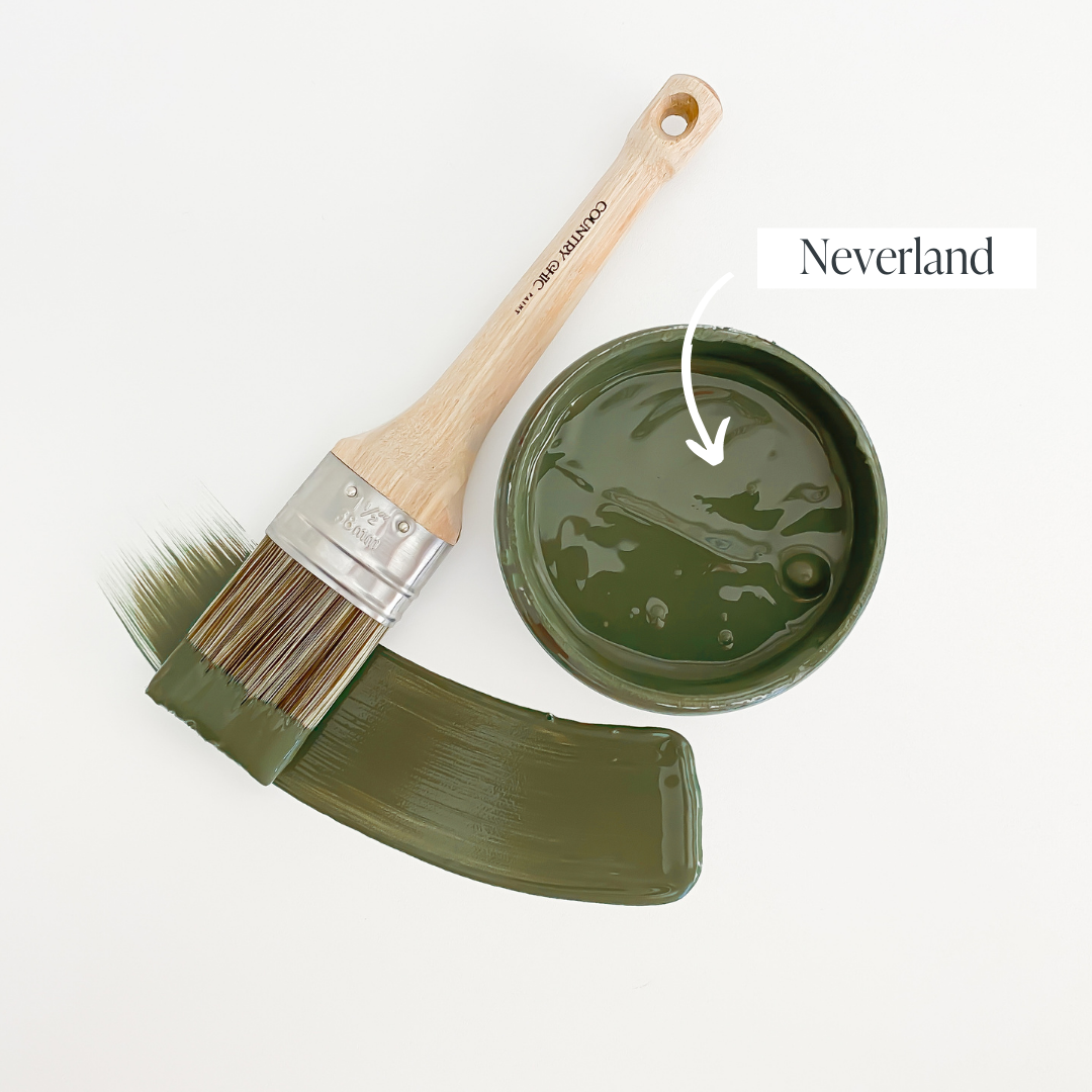 Top view of an open 16oz jar of Country Chic Chalk Style All-In-One Paint in the color Neverland. Olive Green.