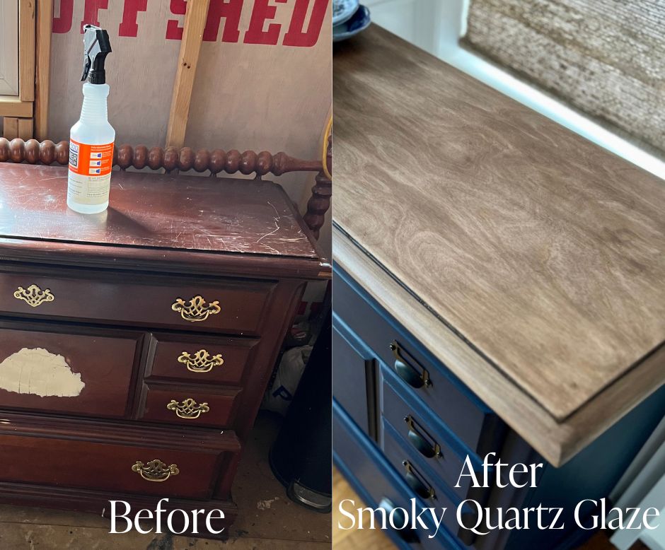 Before and after with Smoky Quartz glaze and Peacoat furniture paint