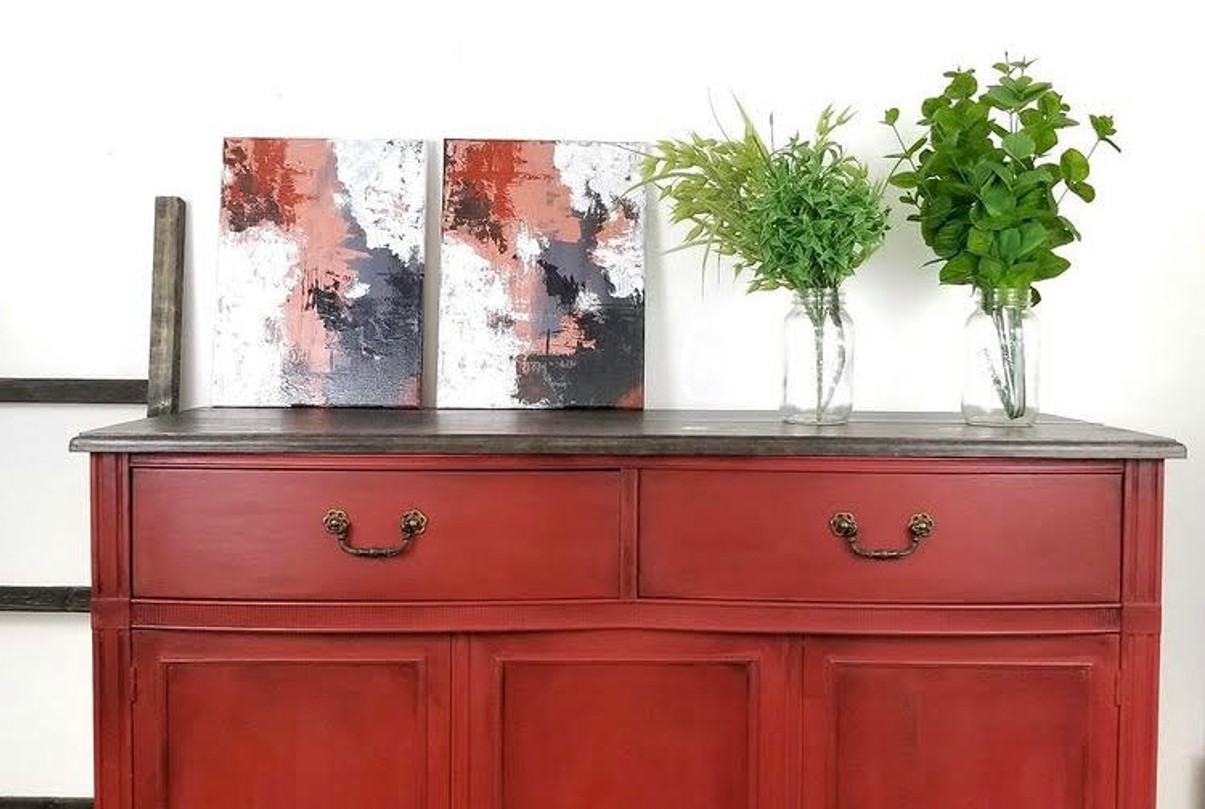 Paint the town red painted dresser distressed furniture glaze with abstract paintings and greenery
